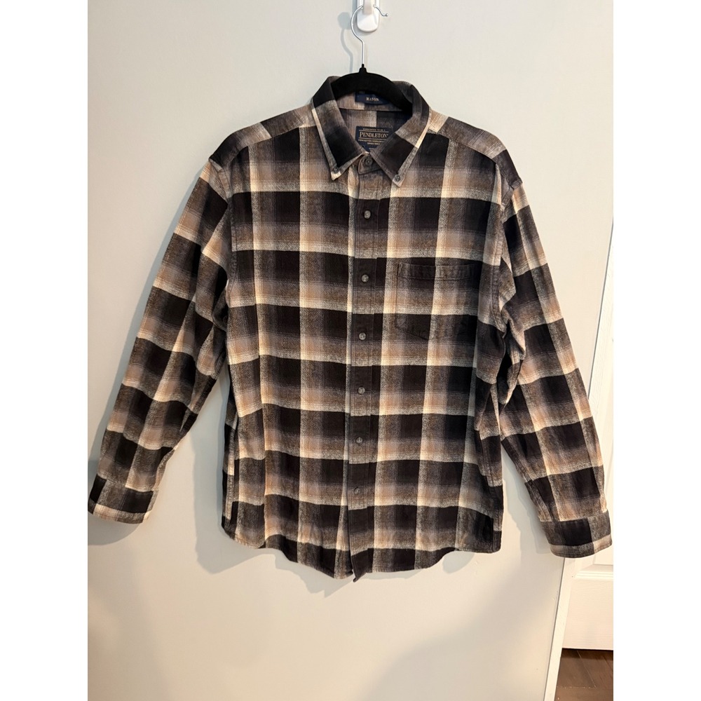 Pendleton Mason Men Black Grey woolPlaid Flannel Button Down Shirt Size M
